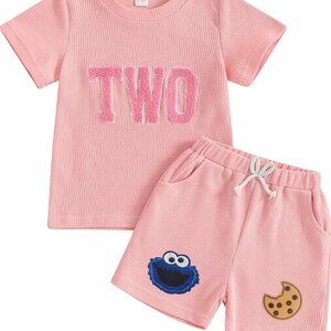 Pink Girl Second Birthday Cookie Monster Outfit Shirt Shorts Sesame Clothes